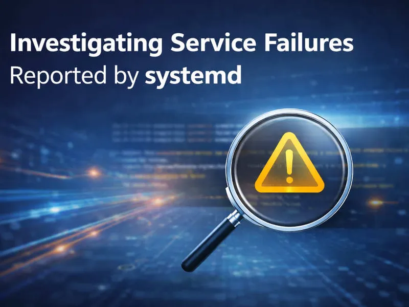 Abstract illustration of investigating a Linux service failure reported by systemd, showing a magnifying glass over a warning symbol with blurred terminal logs in the background.